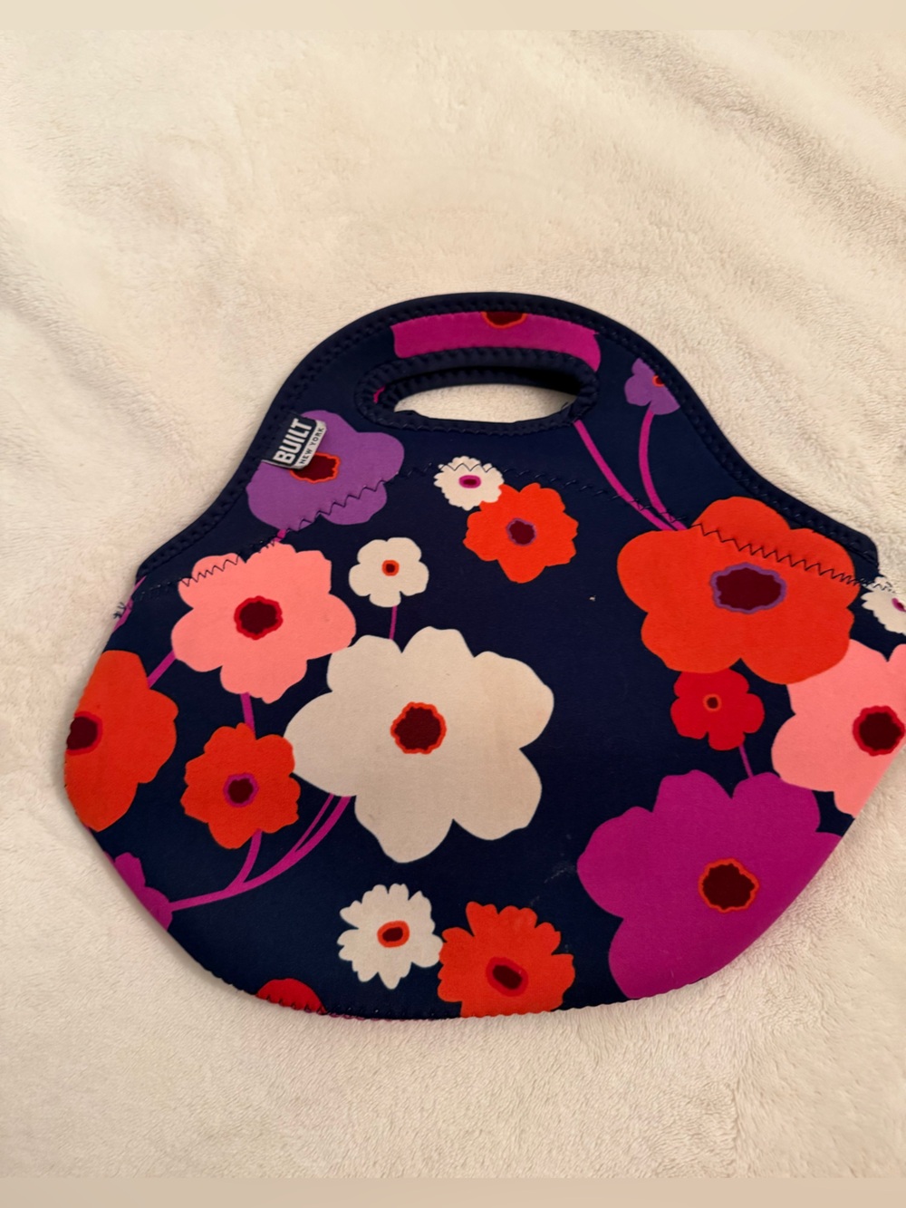 BUILT Floral Neoprene Lunch Bag - Navy with Pink & Red Flowers